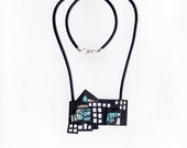 Necklace, contemporary jewelry design, FREE Shipping, unique, handmade, lasercut wood, silver, polymer clay, leather cord, silver plated