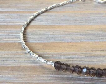 SALE Smokey Quartz and Fine Silver bead Bracelet, Beaded Bracelet, Gemstone Bracelet