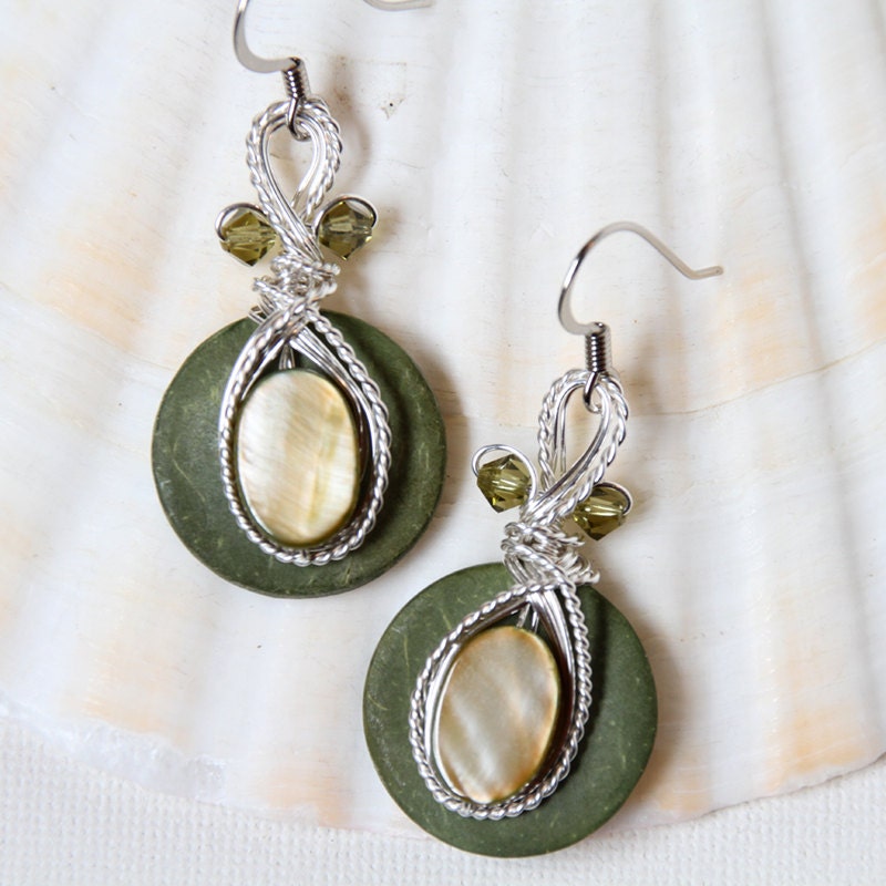 Olive Green Earrings Sage Green Earrings Shell Jewelry Paua