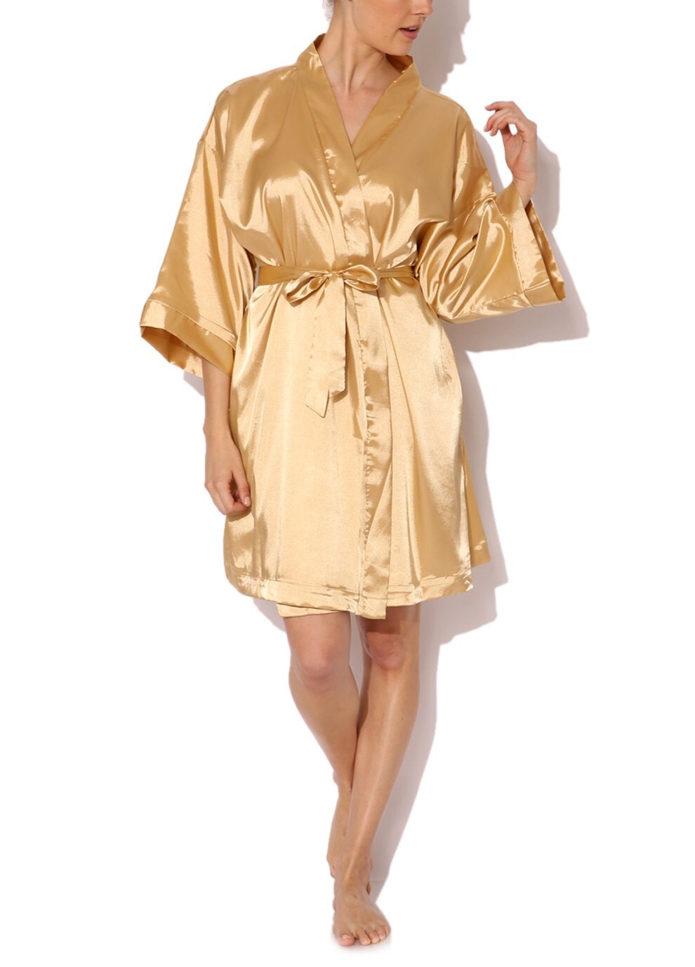 Gold Plain Kimono Satin Robe 3/4 Length Spring Autumn Wrap