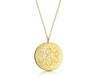Disc Monogram Necklace / Gold Initial Engraved Large Pendant / Personalized Gift / Round Initial Pendant / Medal Monogram Initial Necklace