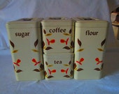 Vintage Hall Tin Litho Complete Metal Canister Set Autumn Leaf Pattern Tea Coffee Flour Sugar Vintage Hall Tin Litho Complete Metal Canister Set Autumn Leaf Pattern Tea Coffee Flour Sugar