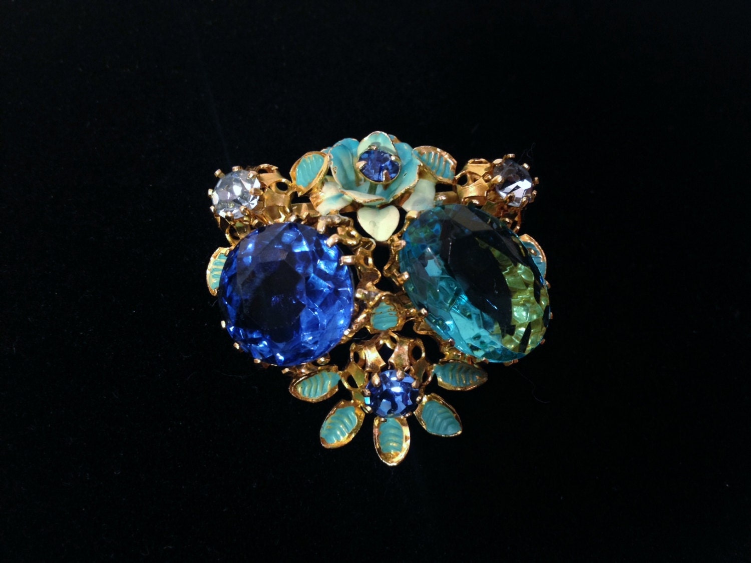 Vintage Blue Crystal Rhinestone Brooch made in Austria. Enamel