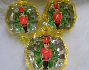 Vintage Mid Century Jewel Brite Plastic Christmas Tree Ornaments~Set of 3~Yellow/Red Toy Soldier