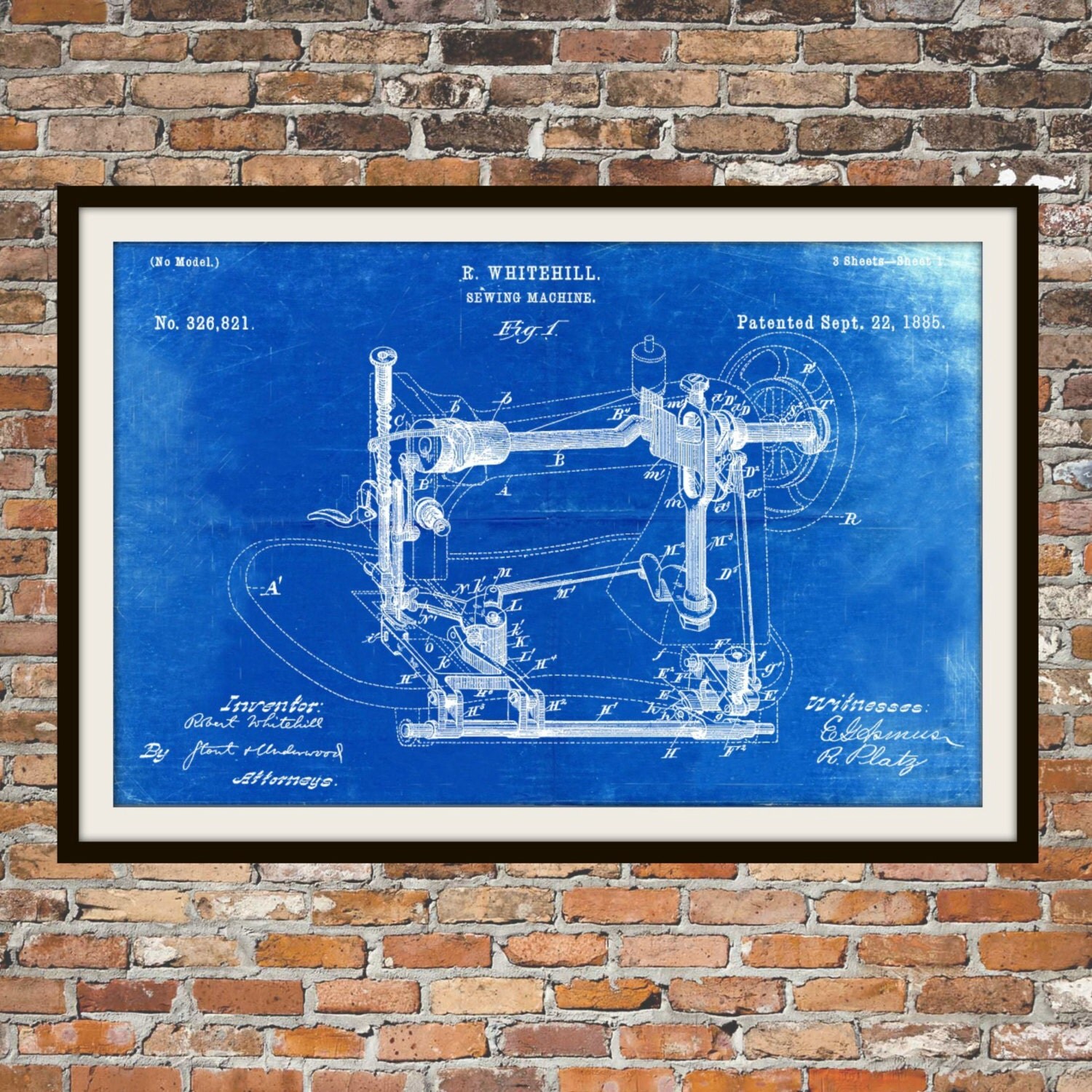 Blueprint Art of Patent Sewing Machine 1885Technical Drawings