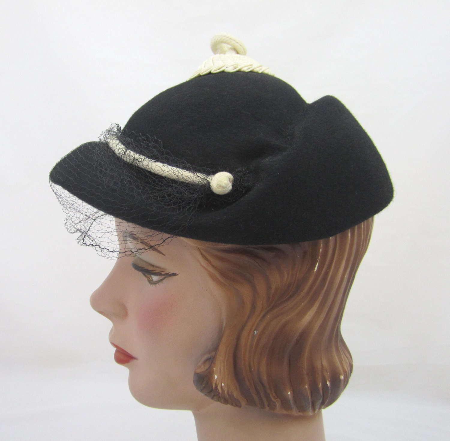 Womens Jockey Hat w/ top knot Mod hat in Black by JanesVintage