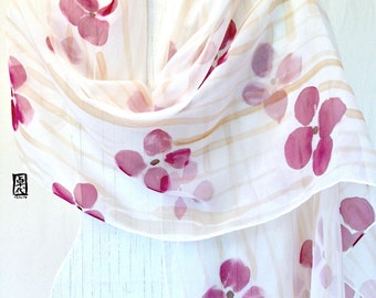 Hand Painted Silk Shawl Scarf, Chiffon Scarf, Pink Silk Wrap Shawl Claret Purple Flowers Scarf, Takuyo, 22x90 inches, Made to order