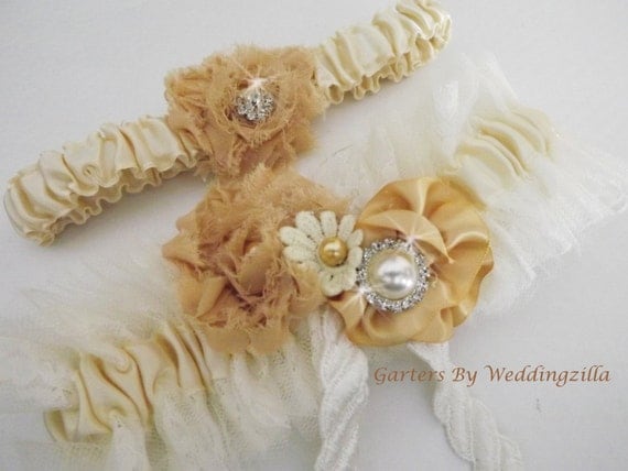 Rustic Wedding Garter Set, Lace and Tulle Shabby Chic Bridal Garter Set, Ivory Champagne Garter Set,  OOAK Victorian