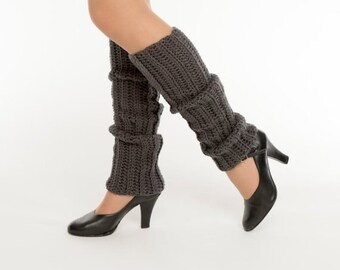 Charcoal Knit Leg Warmers, Crocheted Leggings, Handmade Women's Warm, Soft, Winter Accessory, Dance Wear, Exercise, Ballet, 80's Style