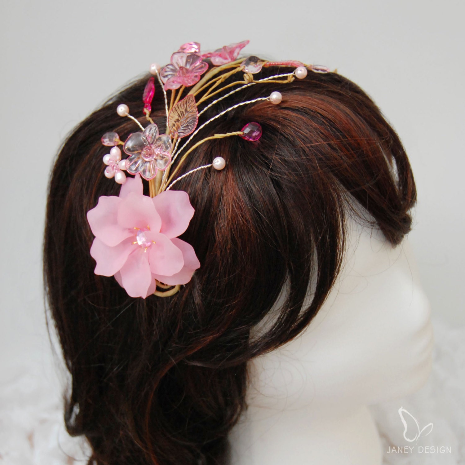 Pink Lucite Flower Hair Accessory wedding by JaneyDesignJewelry
