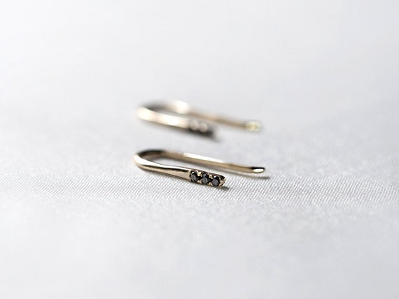 14k Gold Tiny Pin Earrings with Black Diamonds - Ear Climber - Tiny ...