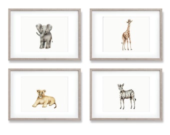 Safari Nursery Art, Baby Animal Prints, Elephant, Giraffe, Zebra, Lion, Gender Neutral Baby, Jungle Nursery, Baby Wall Decor, Set of 4