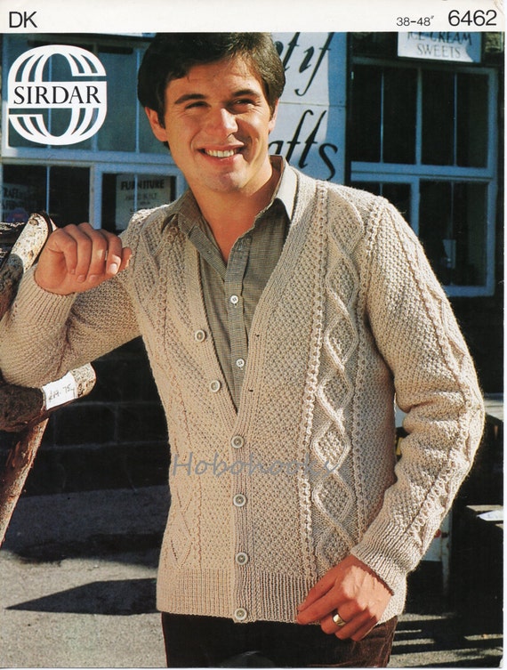 mens aran cardigan knitting pattern cable jacket 38-48inch DK