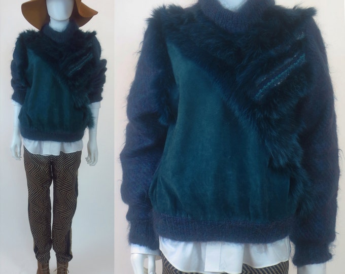 80s SOLD - Genuine Fox Fur trimmed wool mohair blend sweater