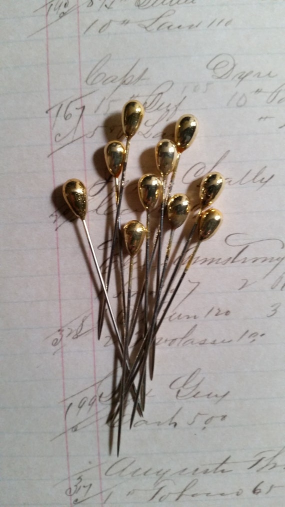 Dozen Shiny Vintage Gold Sewing Stick Pins Faux Pearl Hat