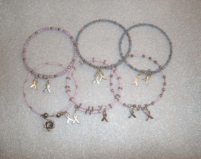 Cancer Awareness Custom Bracelets - made in your choice of colors etc, Stackable bracelets, glass beads, crystal beads, ribbon charms, more