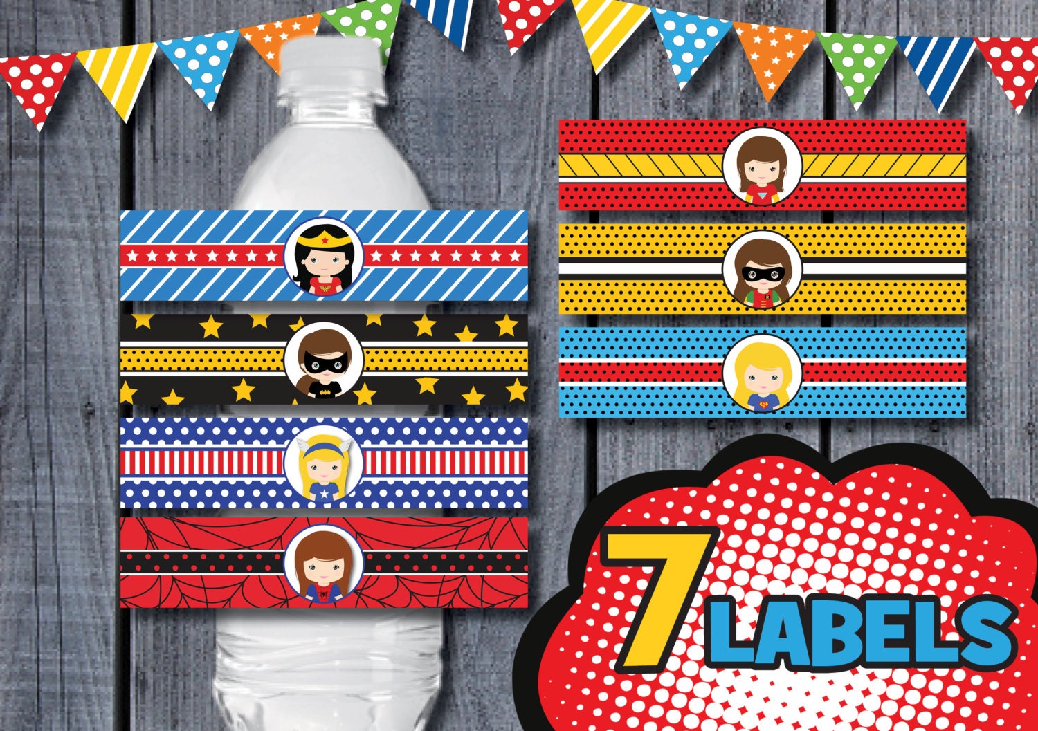 7x girl superhero water bottle labels digital by redapplestudio