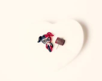 Harley Quinn handmade stud or magnetic earrings. Harley Quinn jewelry. Dc comic jewelry. Dc comic earrings. Clay. Kawaii comic.