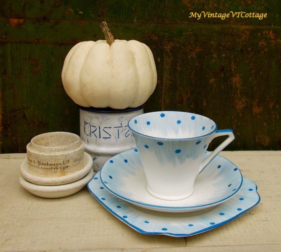 Tea and Trio and Saucer cup Blue Cup  Bell  Dot trios China Vintage   Polka saucer England  vintage