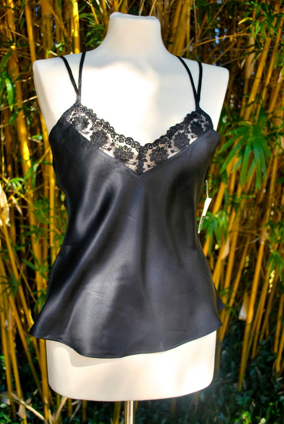 Vintage Camisole Lingerie Top Black Silk Lace Meduim