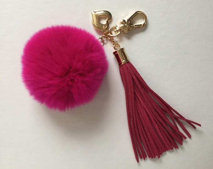 Limited Edition "fuchsia tassel" Rex Rabbit fur 9 cm pom pom keychain or bag pendant with long tassel key chain