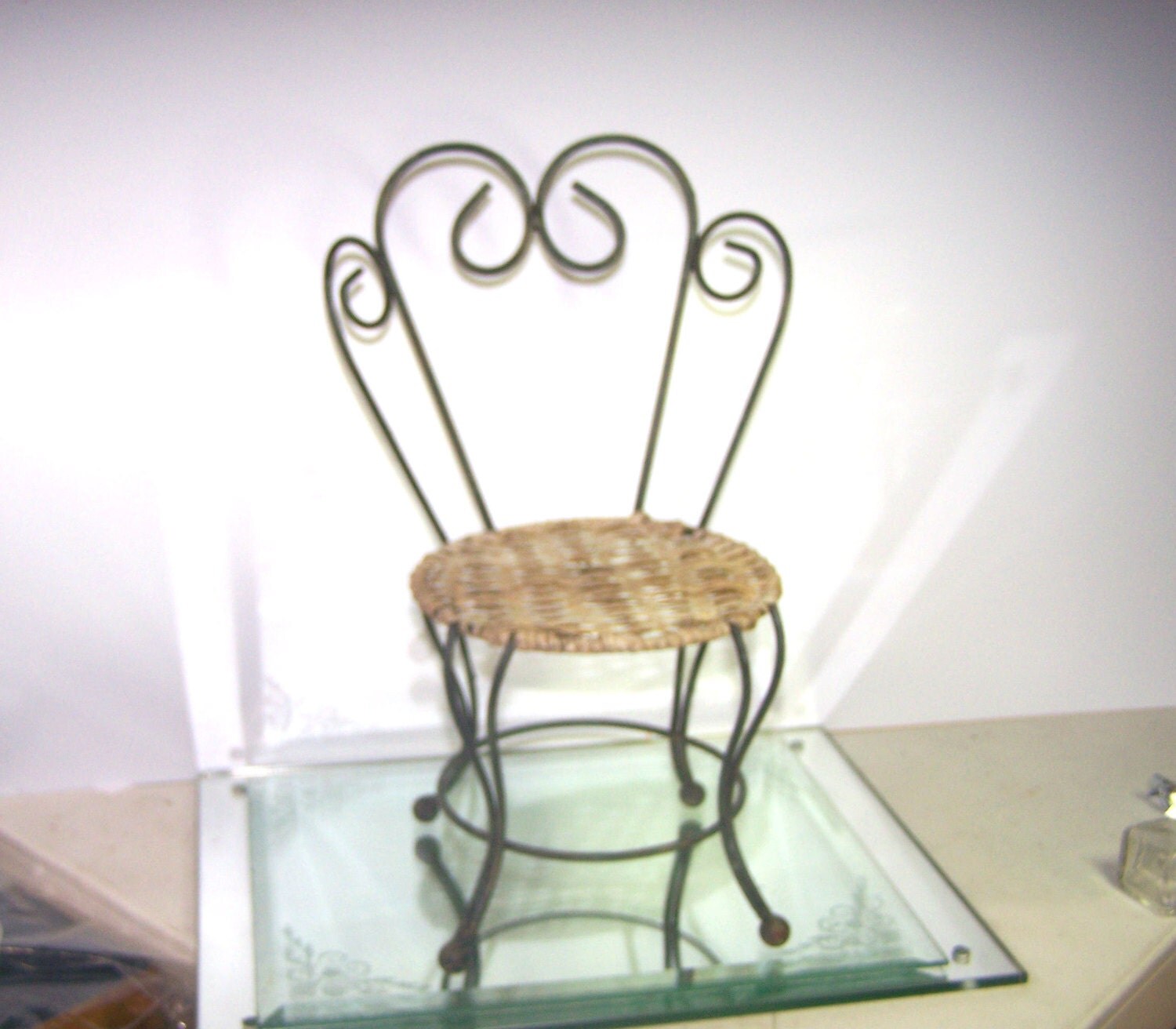 Vintage Wrought Iron Doll Garden Seat / Chair Wicker / Basket Weave