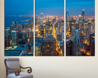 Chicago City Skyline Art Canvas Print - 3 Panel Split, Triptych. Cityscape Aerial Photography print for room wall decor, interior design
