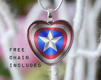 Heart shape Captain America necklace. Romantic gift pendant. Free matching chain is included.