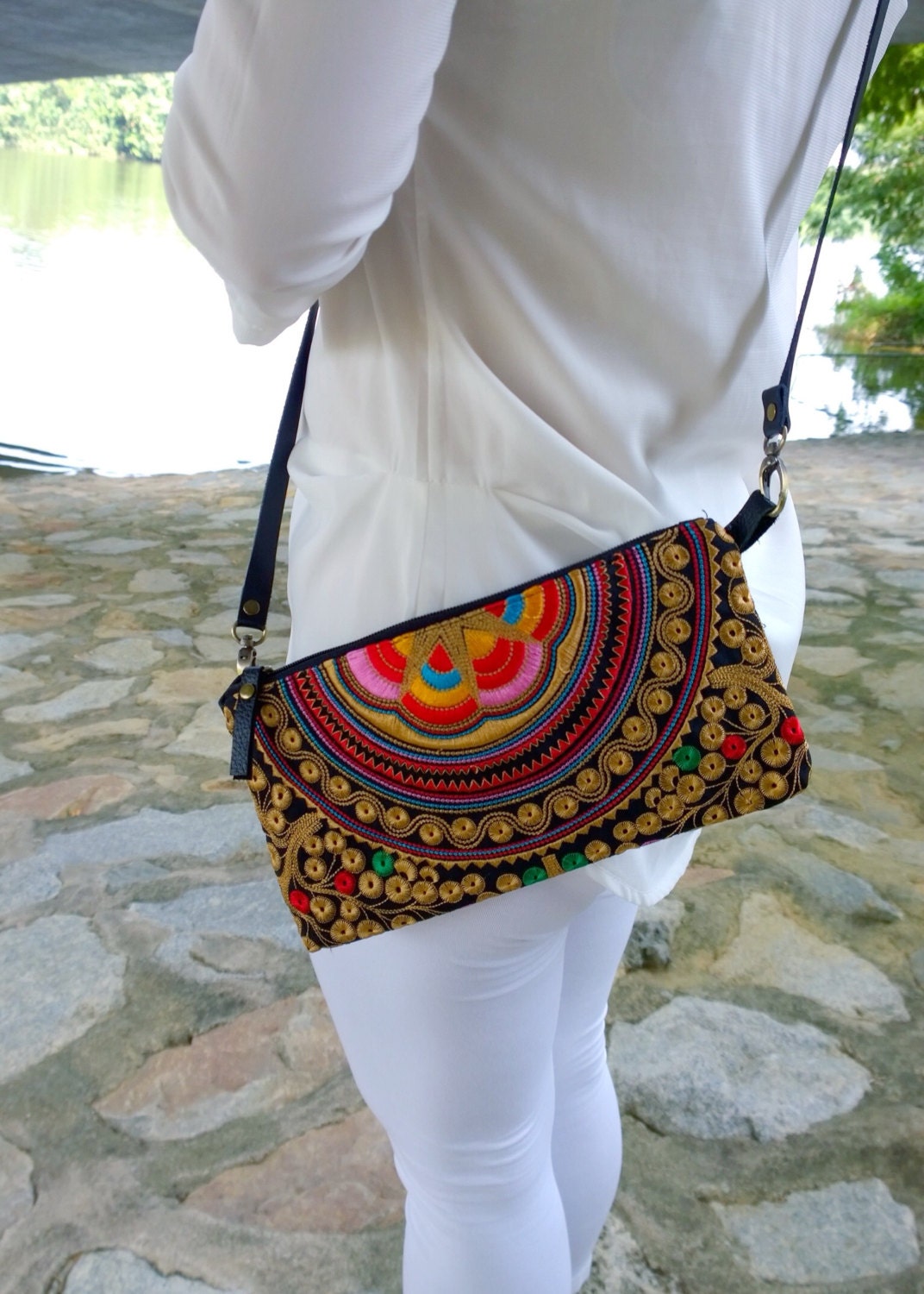 Gold Hmong Boho Leather Embroidery Bag Ethnic by pasaboho on Etsy