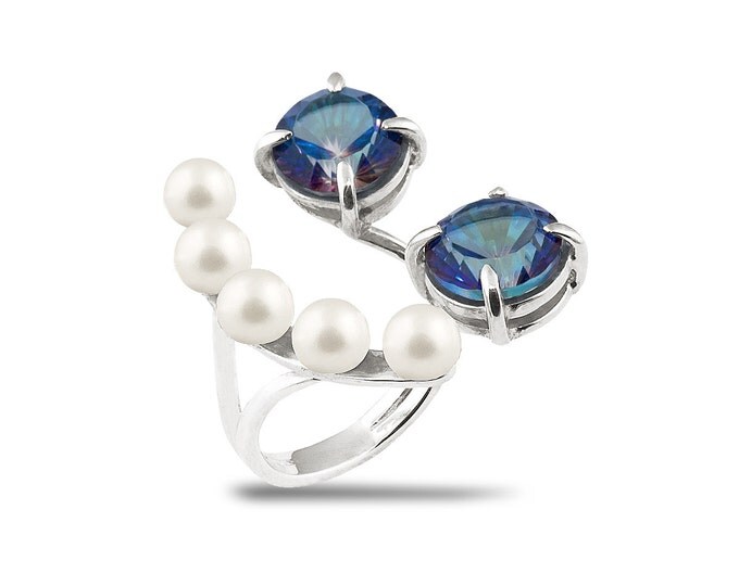 Mystic topaz ring Pearl ring Open ring Smile ring Natural stone ring Blue stone ring Gift idea Unique ring