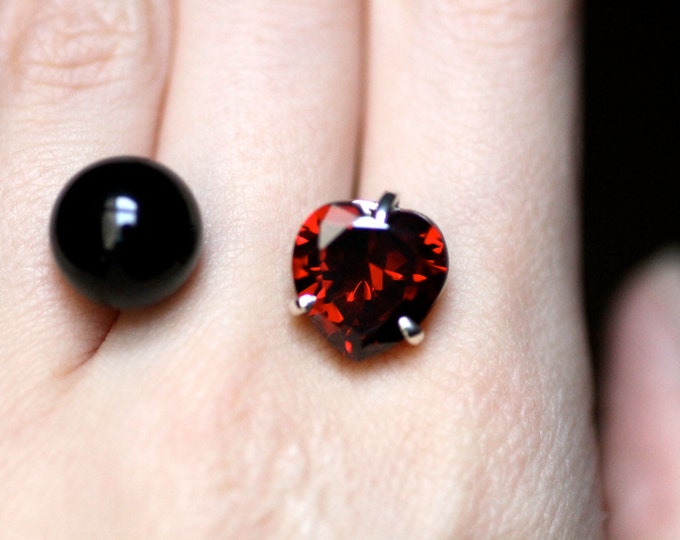 Heart ring Ring with heart Cubic zirconia Black agate ring Black stone ring Heart Jewelry Open ring Women ring Valentine's gift