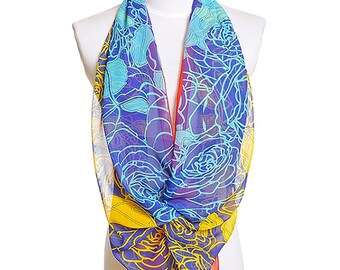 Womens Scarf, Blue Scarf, Floral Print Scarf, Fashion Scarf, Chiffon Scarf, Voile Scarf, Cotton Scarf, Womans Scarf
