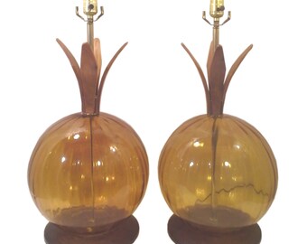 Mid-Century Amber Lamps. Glass and Teak Sculptural Lamps, Pair