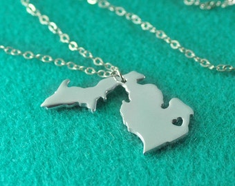 925 Sterling Silver Michigan Necklace I heart Michigan Necklace, Custom State Map Necklace , Personalized State Pendant Gift for Girlfriend