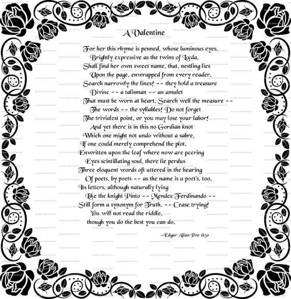 Printable Edgar Allen Poe Poem A Valentine By Nevermorealteredart