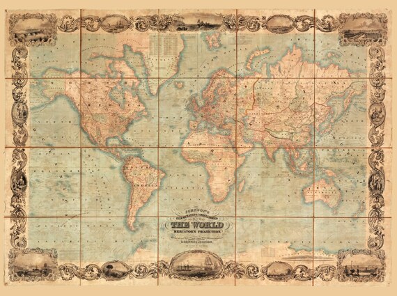 World map Antique Vintage Old World Map Wall Art Canvas Den