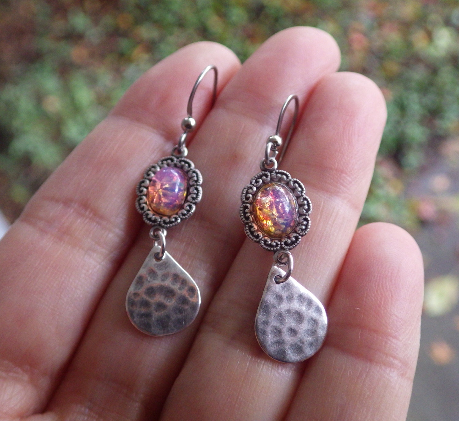 Hammered Silver Earrings Pink Jelly Opal by SilverJewelryBox