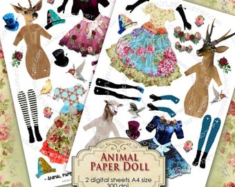 ANIMAL PAPER DOLL digital altered art - Digital collage sheet for journal page scrapbooking diary art - instant download printable - pp177