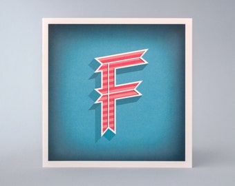 Alphabet Letter F Initial Card – Illustrated Birthday Card – Quality Printed Birthday, Gift or Greeting Card – 3D – Turquoise, Peach & White