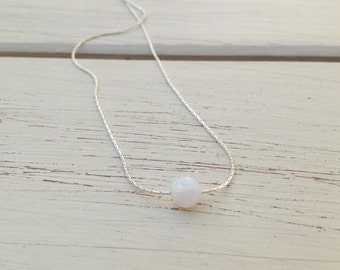 Opal Necklace Silver Ball Necklace White Opal Minimalist Silver Dainty Necklace,opal jewelry, valentines days gift,Gift for her