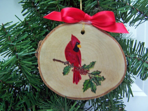 Handpainted Wood Slice Cardinal Christmas Ornament