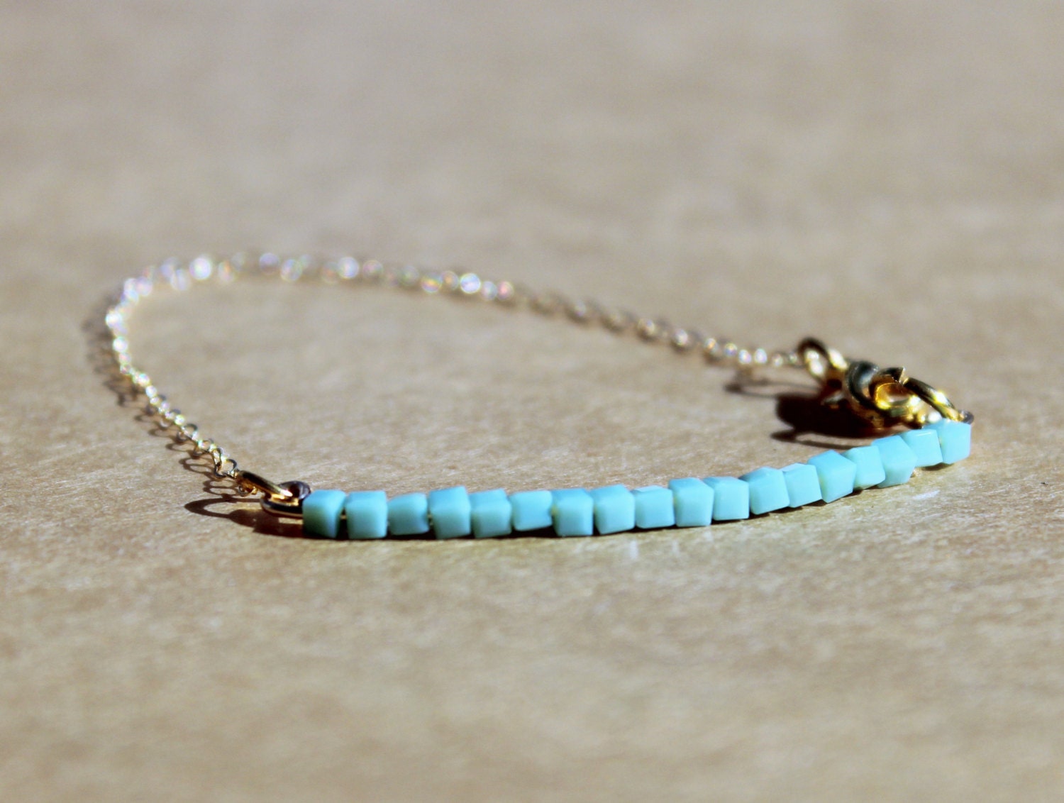 Blue Beaded Bracelet, Thin Gold Bracelet, Blue Square Beads, Delicate