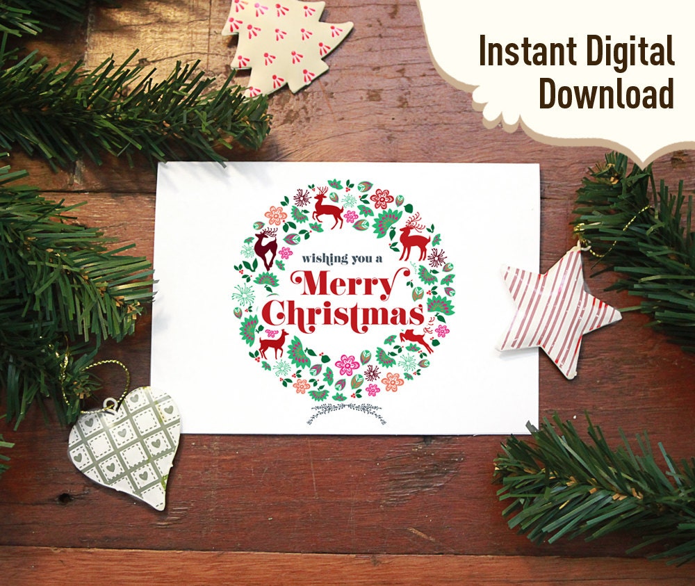 Christmas Card, Printable Folk Art designed with Scandinavian Merry Christmas Wreath illustration. DIY