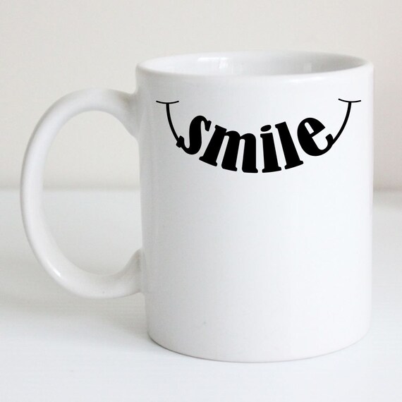 Items similar to Smile Coffee Mug Word Art Tea Cup, Black and White