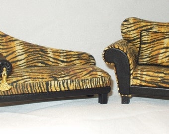 Furniture set, sofa and modern armchair with striped fabric and leather, 1/12 scale
