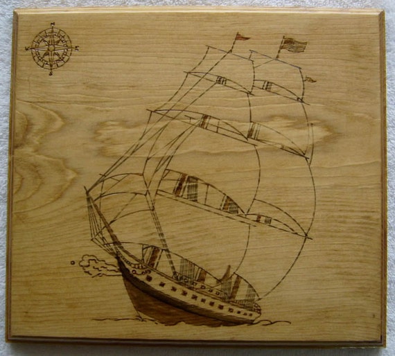 Items similar to Wood burned Clipper Ship Compass Rose Nautical Sailing ...