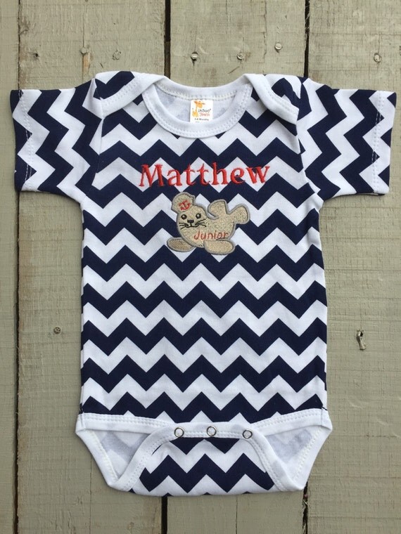 Nautical Baby Boy Navy Blue Chevron Print onesie, Personalized with