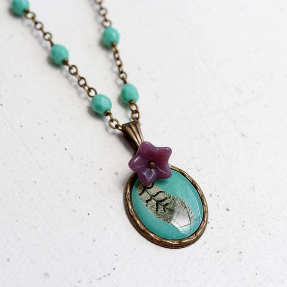 Feather Epoxy Pendant Purple Glass Flower Green Glass Brass