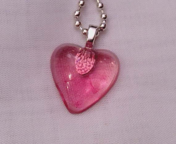 Items similar to Tiny Resin Valentine Heart Necklace. Pink Resin Heart ...