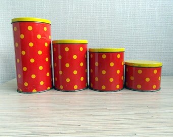 Vintage Soviet Red Polka Dot Tin boxes Tin containers Soviet Kitchen Decor Made in USSR Set of 4